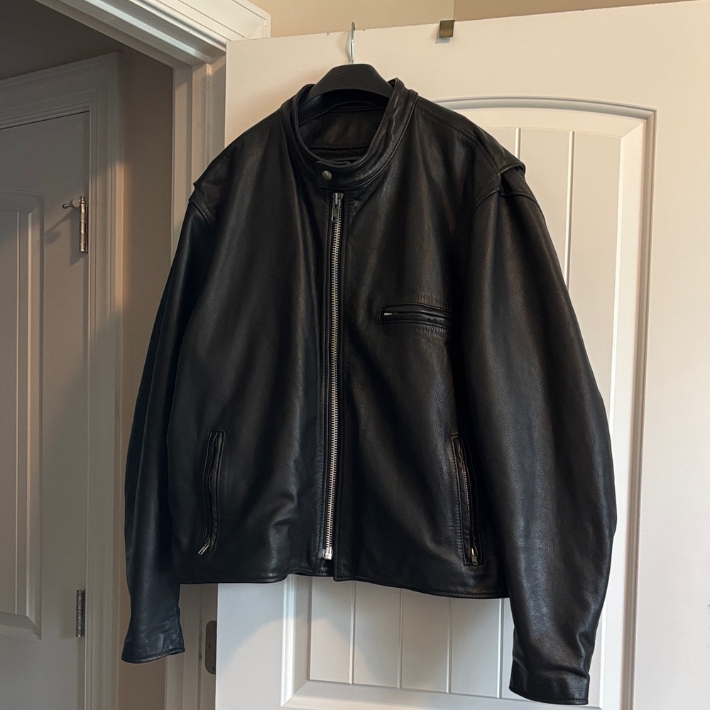Classic Black Leather Performance Bomber Jacket. Size XXL
